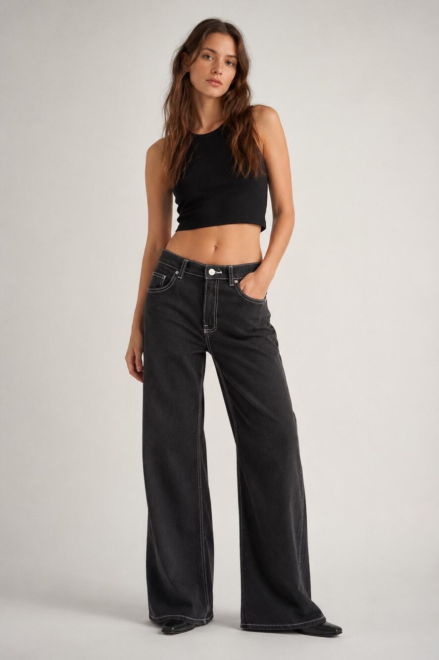 Divided by H&M Black Contrast Stitch Wide Leg Jeans | Size 4